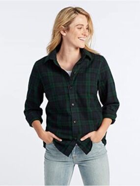 L.L. Bean Scotch Relaxed Plaid Flannel Shirt Green & Navy Button-Down Large